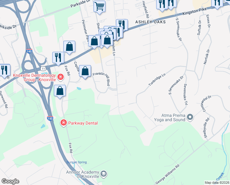 map of restaurants, bars, coffee shops, grocery stores, and more near 9704 Franklin Hill Boulevard in Knoxville