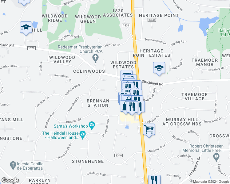 map of restaurants, bars, coffee shops, grocery stores, and more near 8301 Hempshire Place in Raleigh