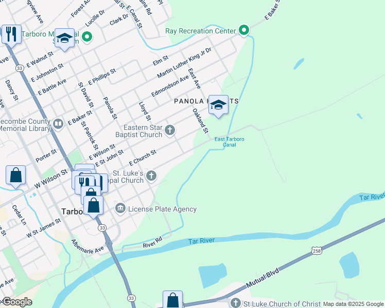 map of restaurants, bars, coffee shops, grocery stores, and more near 707 East Saint James Street in Tarboro