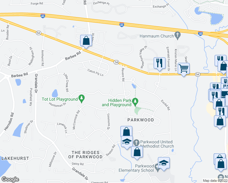 map of restaurants, bars, coffee shops, grocery stores, and more near 106 Larmack Court in Durham