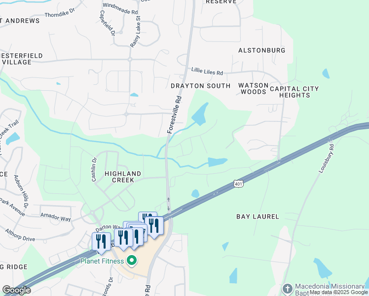 map of restaurants, bars, coffee shops, grocery stores, and more near 2629 Forestville Road in Wake Forest