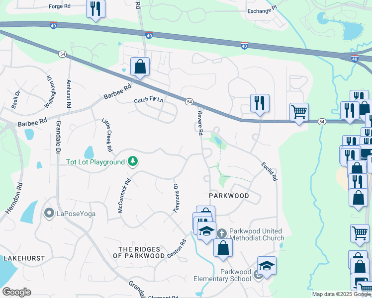 map of restaurants, bars, coffee shops, grocery stores, and more near 106 Larmack Court in Durham