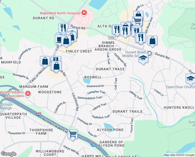 map of restaurants, bars, coffee shops, grocery stores, and more near 2312 Dahlgreen Road in Raleigh