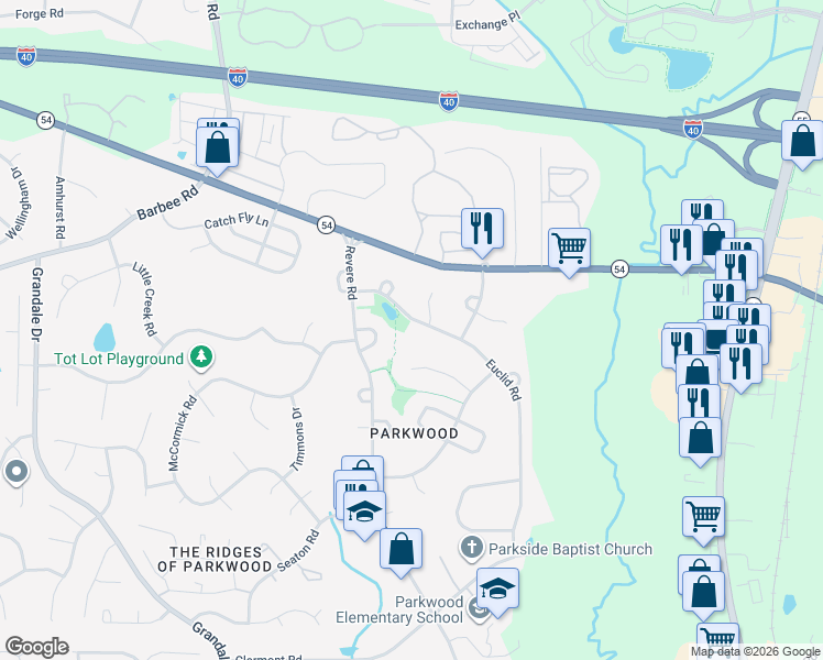 map of restaurants, bars, coffee shops, grocery stores, and more near 1524 Euclid Road in Durham