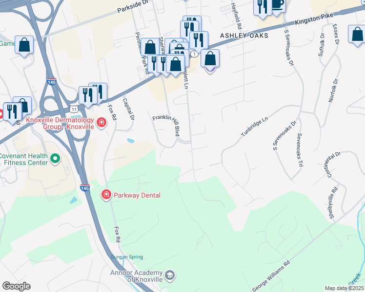map of restaurants, bars, coffee shops, grocery stores, and more near 9704 Franklin Hill Boulevard in Knoxville