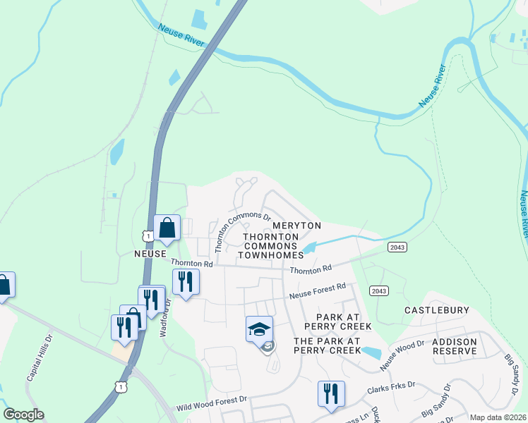 map of restaurants, bars, coffee shops, grocery stores, and more near 5444 Meryton Park Way in Raleigh