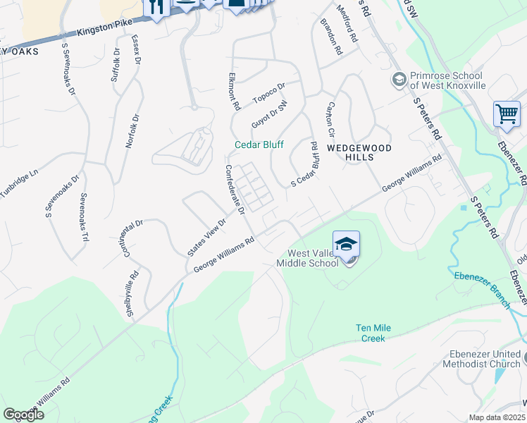 map of restaurants, bars, coffee shops, grocery stores, and more near 9225 Shady Bend Lane in Knoxville