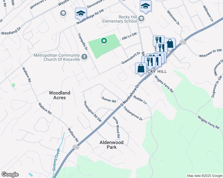 map of restaurants, bars, coffee shops, grocery stores, and more near 1333 Woodridge Drive in Knoxville