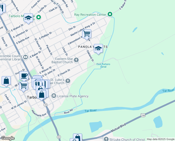 map of restaurants, bars, coffee shops, grocery stores, and more near 707 East Saint James Street in Tarboro
