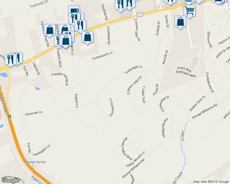 map of restaurants, bars, coffee shops, grocery stores, and more near 300 Trossachs Lane in Knoxville