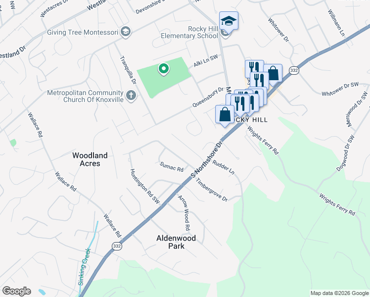 map of restaurants, bars, coffee shops, grocery stores, and more near 1333 Woodridge Drive in Knoxville