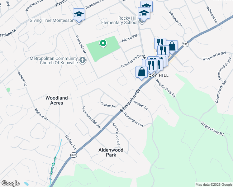 map of restaurants, bars, coffee shops, grocery stores, and more near 1341 Woodridge Drive in Knoxville