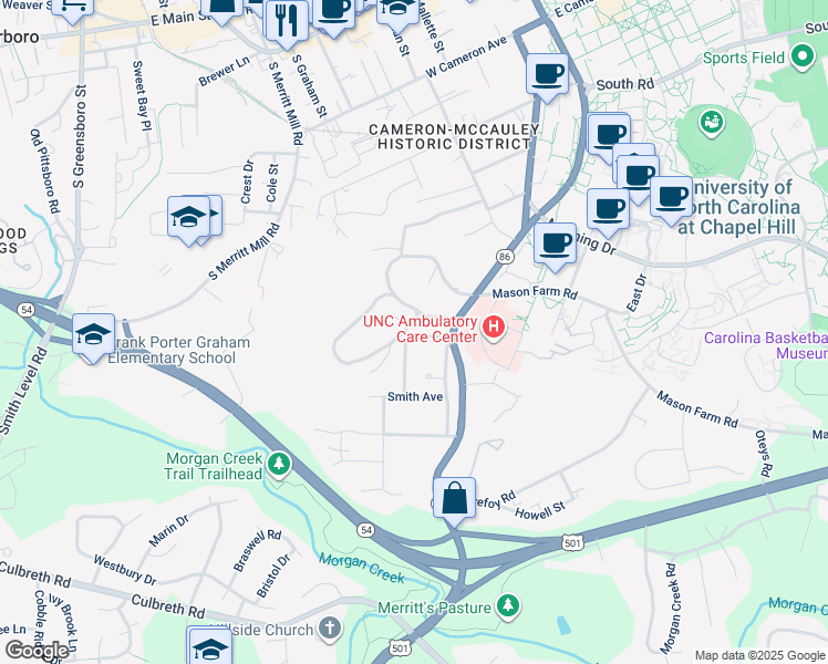 map of restaurants, bars, coffee shops, grocery stores, and more near 532 Dogwood Drive in Chapel Hill
