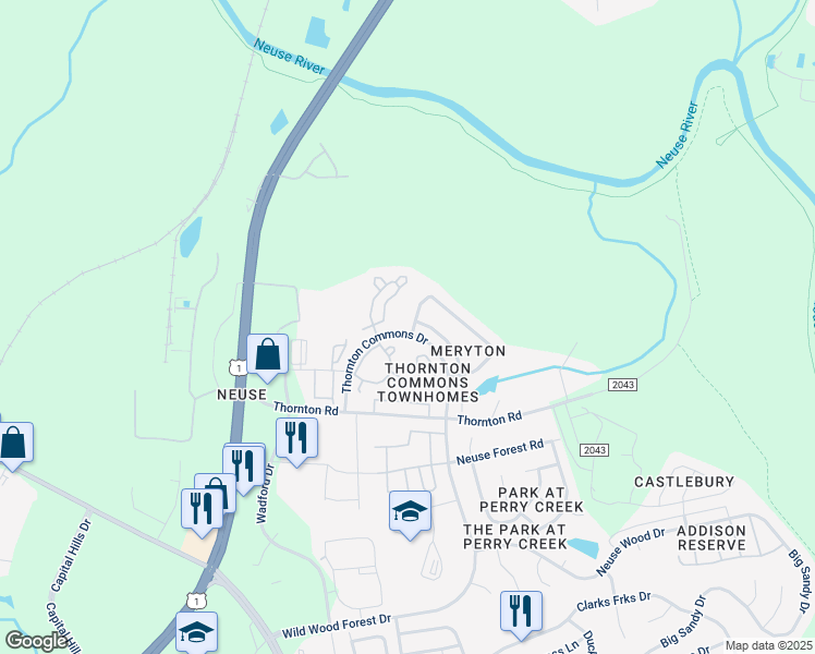 map of restaurants, bars, coffee shops, grocery stores, and more near 5444 Meryton Park Way in Raleigh