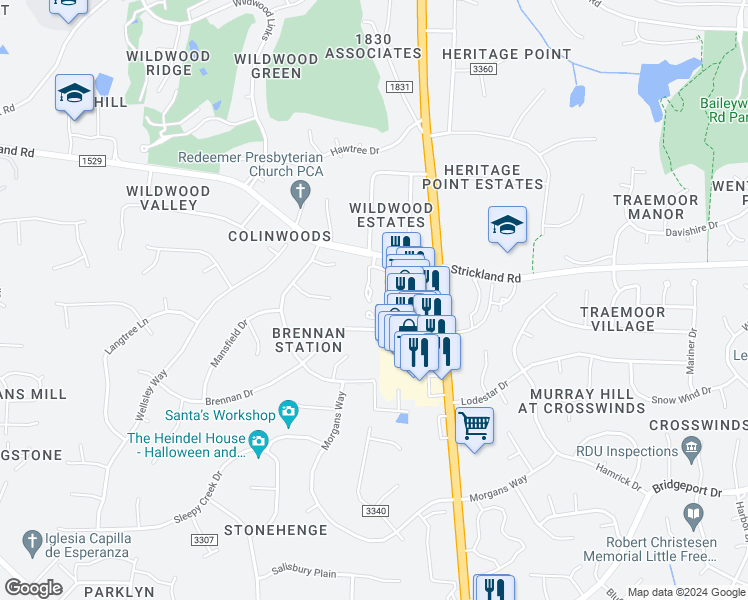 map of restaurants, bars, coffee shops, grocery stores, and more near 8300 Hempshire Place in Raleigh