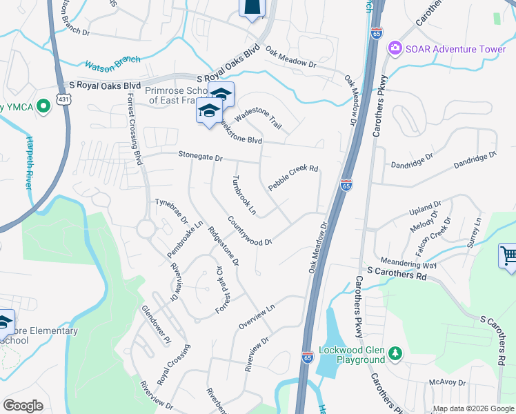 map of restaurants, bars, coffee shops, grocery stores, and more near 216 Turnbrook Lane in Franklin