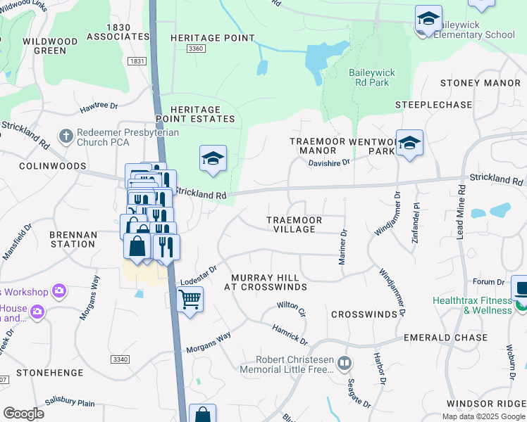 map of restaurants, bars, coffee shops, grocery stores, and more near 8813 Gotherstone Court in Raleigh