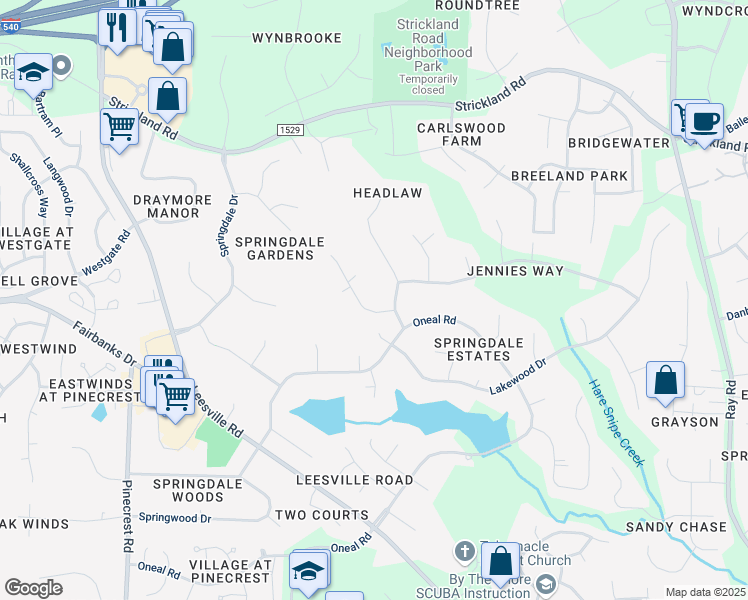 map of restaurants, bars, coffee shops, grocery stores, and more near 8800 Trailing Cedar Drive in Raleigh