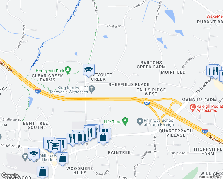 map of restaurants, bars, coffee shops, grocery stores, and more near 924 Oak Creek Road in Raleigh