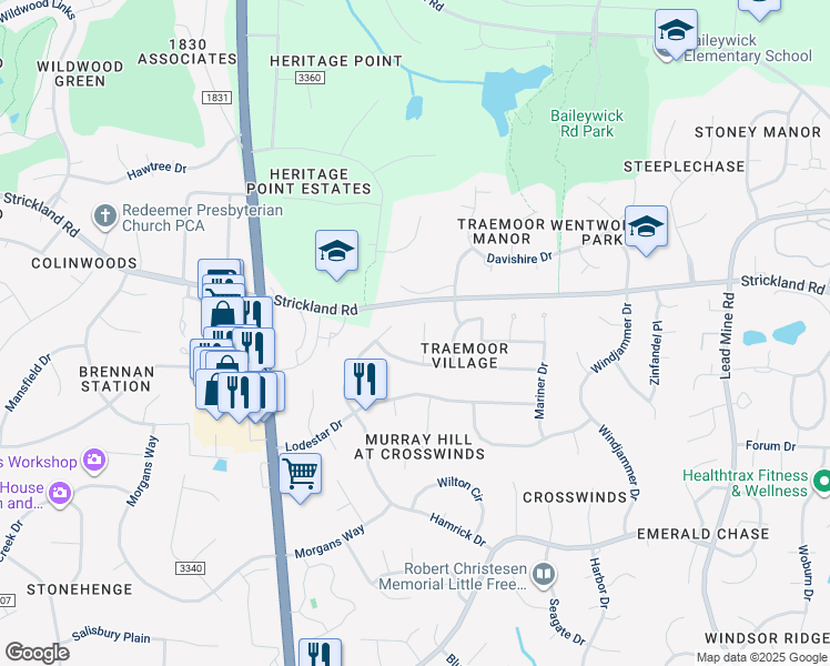 map of restaurants, bars, coffee shops, grocery stores, and more near 8813 Gotherstone Court in Raleigh