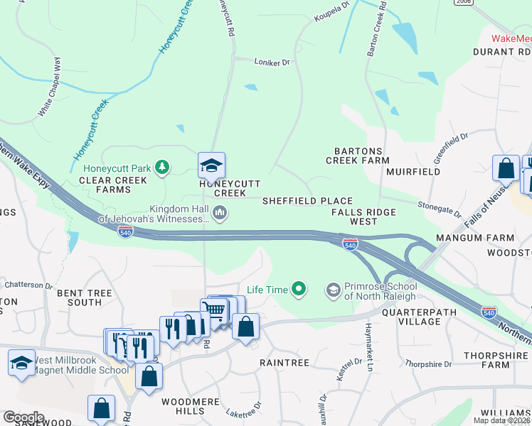 map of restaurants, bars, coffee shops, grocery stores, and more near 924 Oak Creek Road in Raleigh