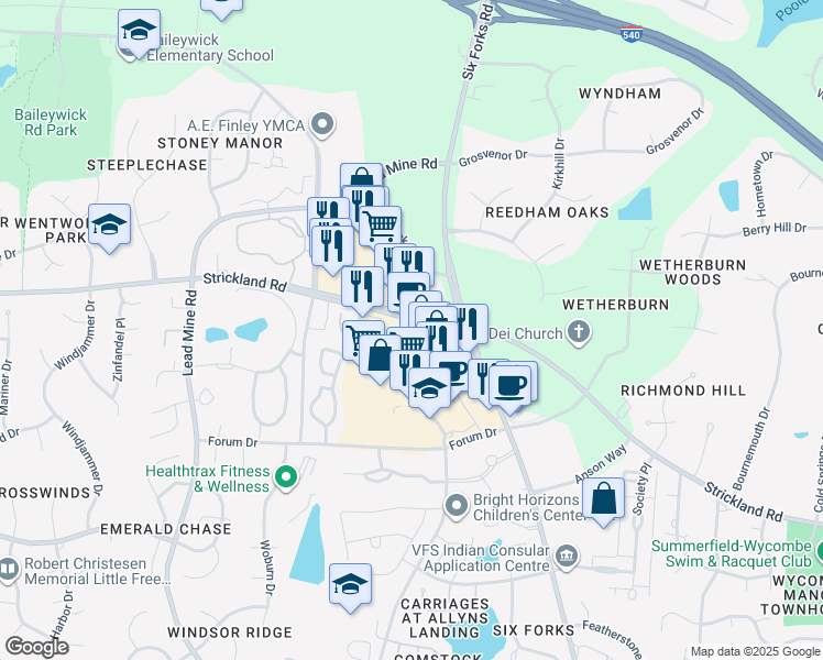 map of restaurants, bars, coffee shops, grocery stores, and more near 9441 Strickland Road in Raleigh