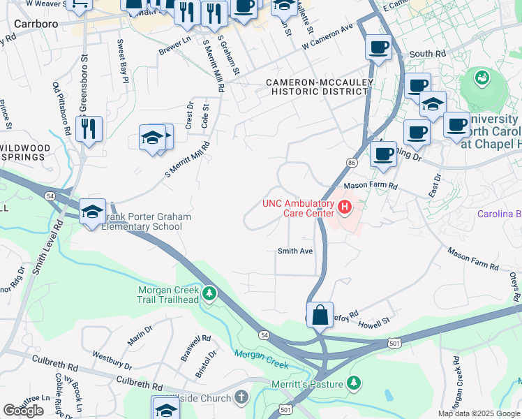 map of restaurants, bars, coffee shops, grocery stores, and more near 510 Dogwood Drive in Chapel Hill