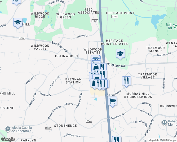map of restaurants, bars, coffee shops, grocery stores, and more near 8300 Hempshire Place in Raleigh