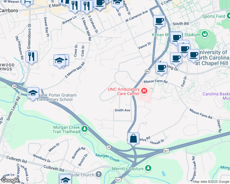map of restaurants, bars, coffee shops, grocery stores, and more near 531 Dogwood Dr in Chapel Hill