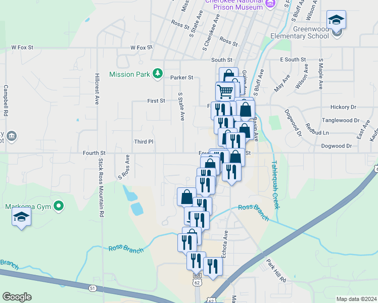 map of restaurants, bars, coffee shops, grocery stores, and more near 346 West 4th Street in Tahlequah