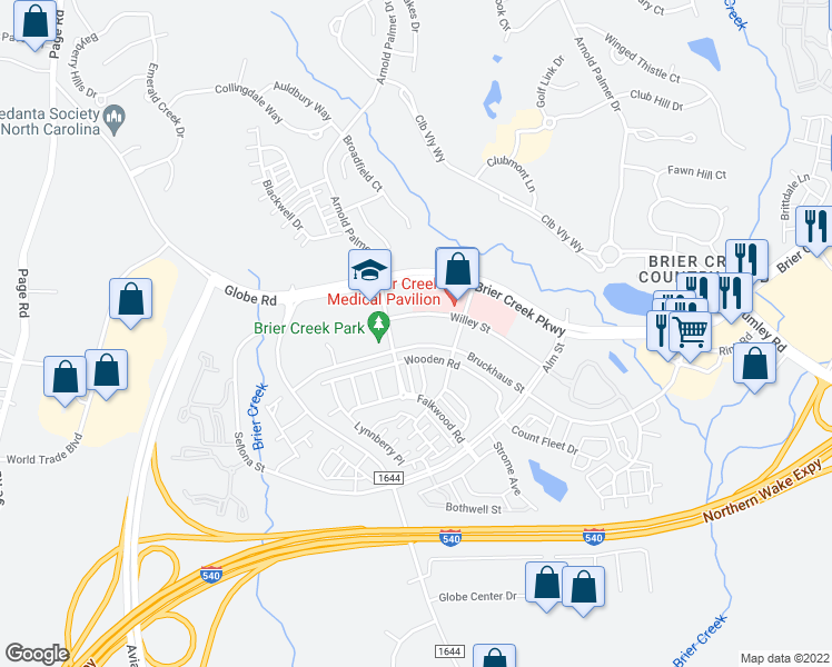 map of restaurants, bars, coffee shops, grocery stores, and more near 9250 Bruckhaus Street in Morrisville