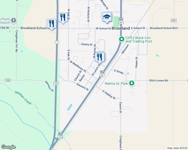map of restaurants, bars, coffee shops, grocery stores, and more near 100 North Lynch Street in Brookland