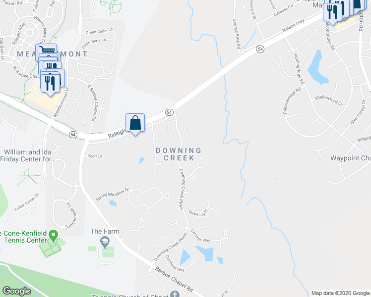 map of restaurants, bars, coffee shops, grocery stores, and more near 1238 Cranebridge Place in Chapel Hill