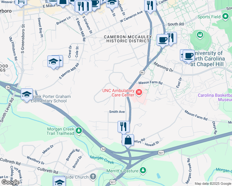 map of restaurants, bars, coffee shops, grocery stores, and more near 532 Dogwood Drive in Chapel Hill