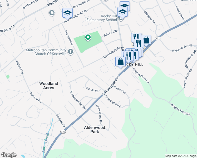 map of restaurants, bars, coffee shops, grocery stores, and more near 1337 Woodridge Drive in Knoxville