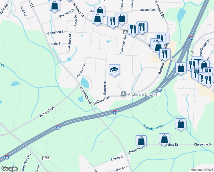 map of restaurants, bars, coffee shops, grocery stores, and more near 4123 Barrett Drive in Archdale