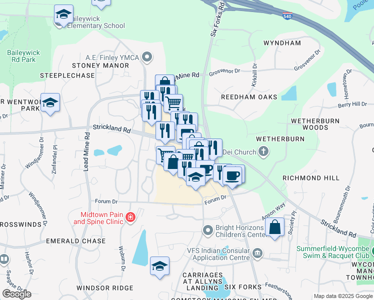 map of restaurants, bars, coffee shops, grocery stores, and more near 9441 Strickland Road in Raleigh