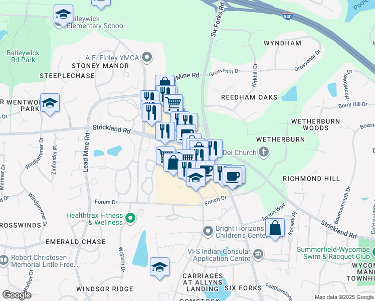 map of restaurants, bars, coffee shops, grocery stores, and more near 9441 Strickland Road in Raleigh