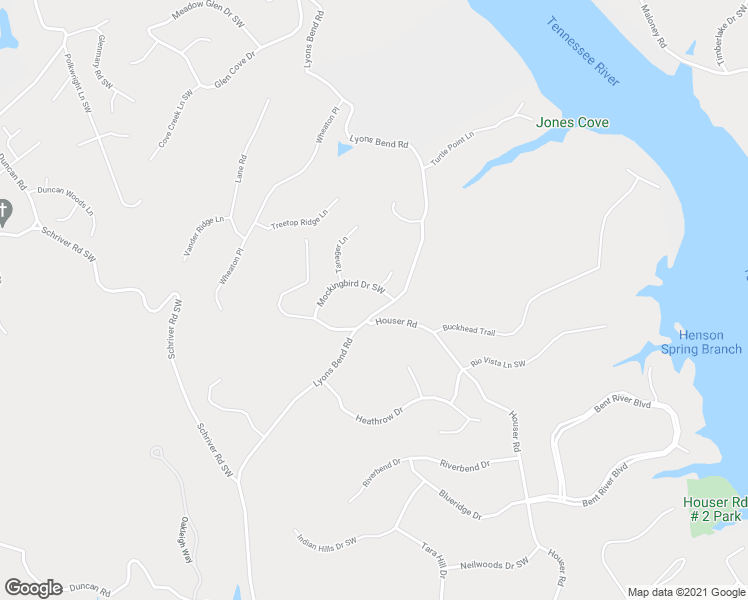 map of restaurants, bars, coffee shops, grocery stores, and more near 5400 Mockingbird Drive Southwest in Knoxville