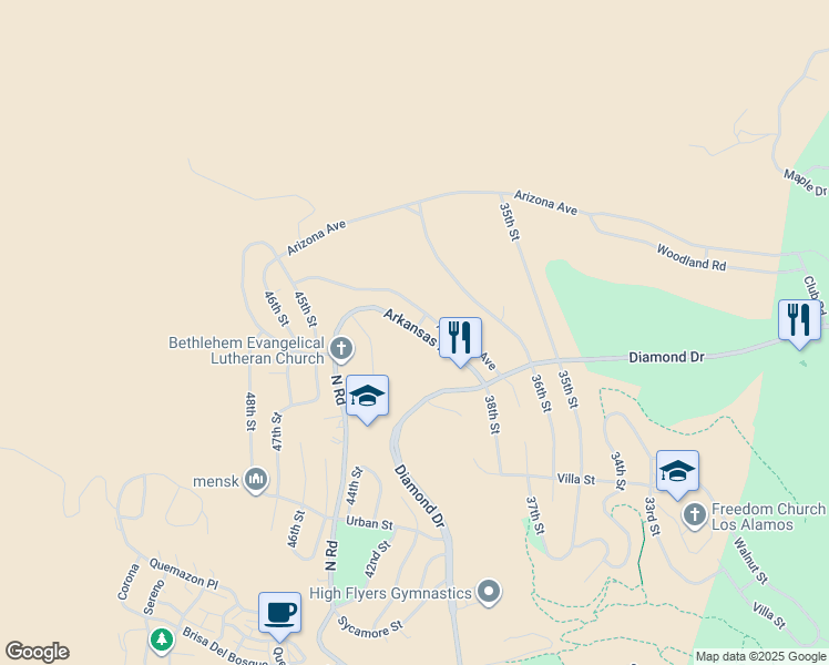 map of restaurants, bars, coffee shops, grocery stores, and more near 4017 Arkansas Ave in Los Alamos
