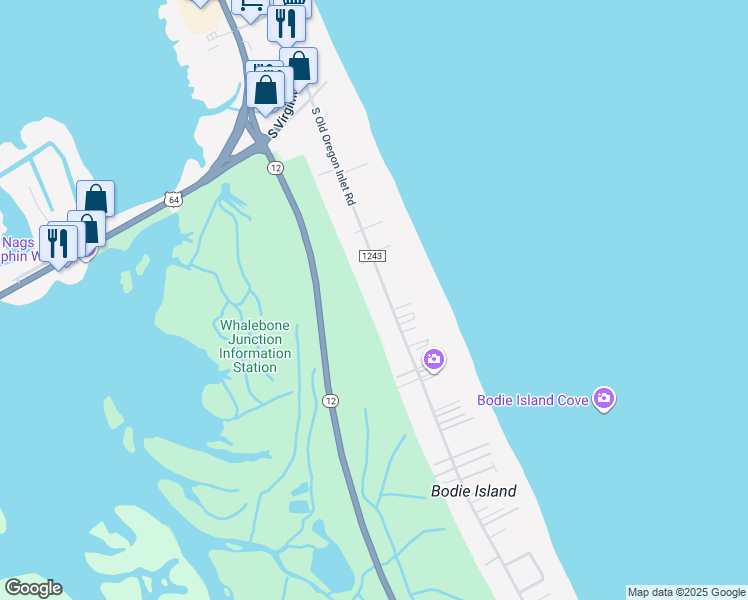 map of restaurants, bars, coffee shops, grocery stores, and more near 8228 South Old Oregon Inlet Road in Nags Head