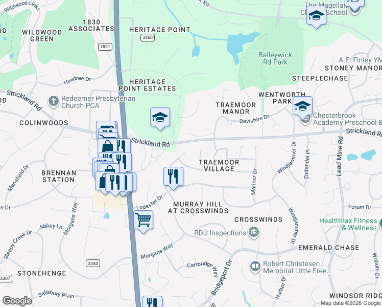 map of restaurants, bars, coffee shops, grocery stores, and more near 8813 Gotherstone Court in Raleigh
