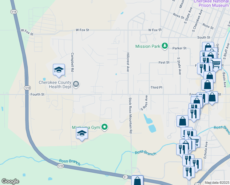 map of restaurants, bars, coffee shops, grocery stores, and more near 1118 Rozell Avenue in Tahlequah