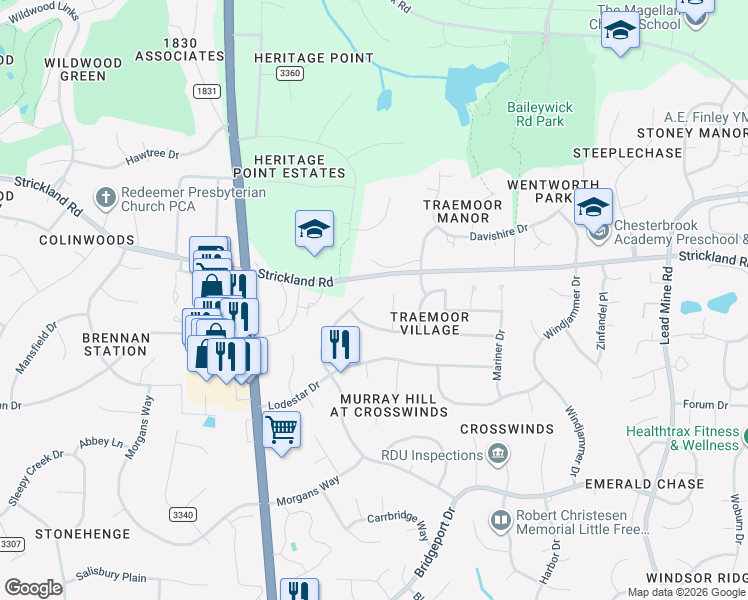 map of restaurants, bars, coffee shops, grocery stores, and more near 8813 Gotherstone Court in Raleigh