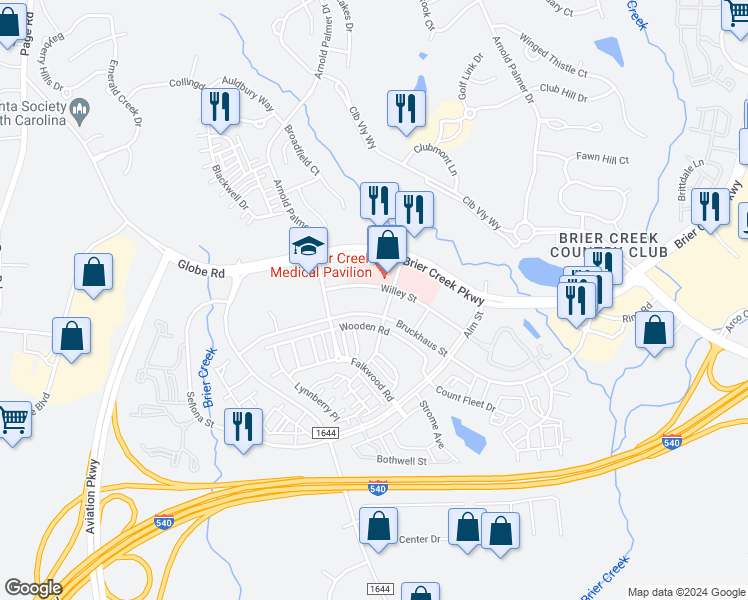 map of restaurants, bars, coffee shops, grocery stores, and more near 9250 Bruckhaus Street in Morrisville