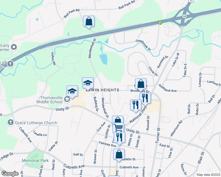 map of restaurants, bars, coffee shops, grocery stores, and more near 605 Brookdale Drive in Thomasville