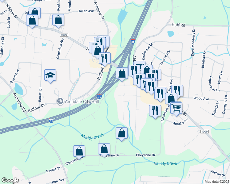 map of restaurants, bars, coffee shops, grocery stores, and more near 201 Interstate Drive in Archdale