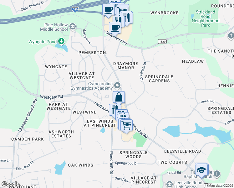 map of restaurants, bars, coffee shops, grocery stores, and more near 9317 Leesville Road in Raleigh