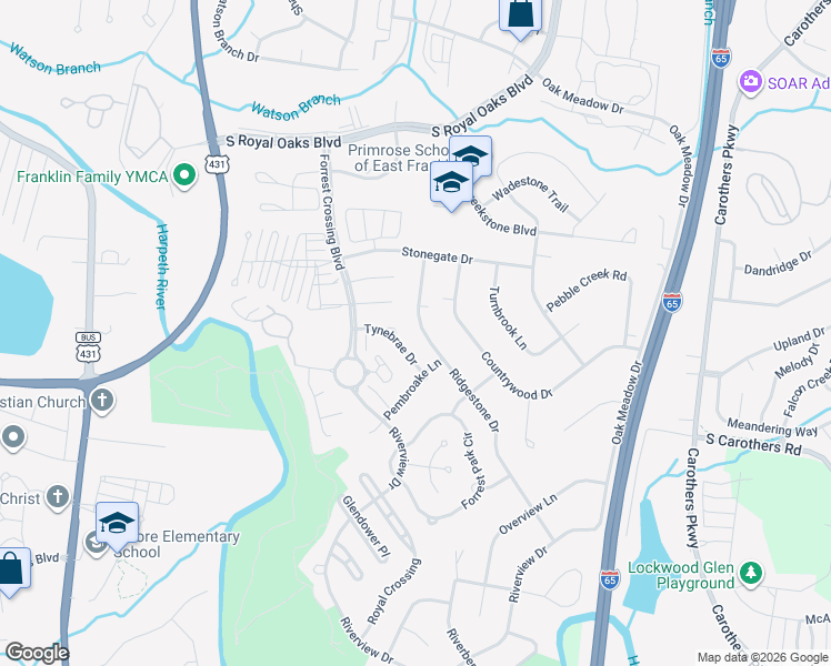map of restaurants, bars, coffee shops, grocery stores, and more near 521 Ridgestone Drive in Franklin
