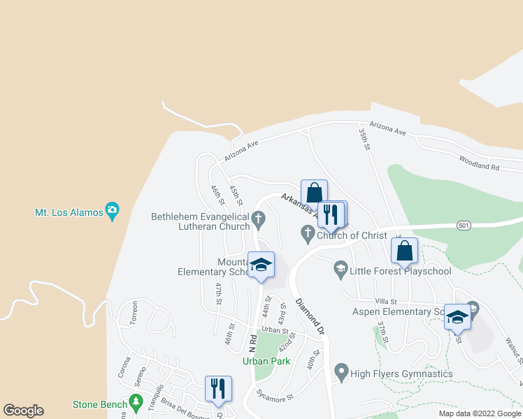 map of restaurants, bars, coffee shops, grocery stores, and more near 2400 North Road in Los Alamos
